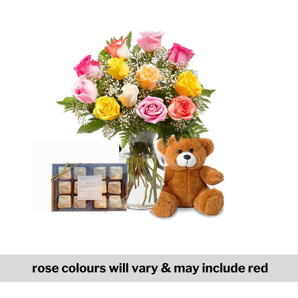 Timeless Combo - One Dozen Coloured Roses Arranged with Stuffy * Chocolates