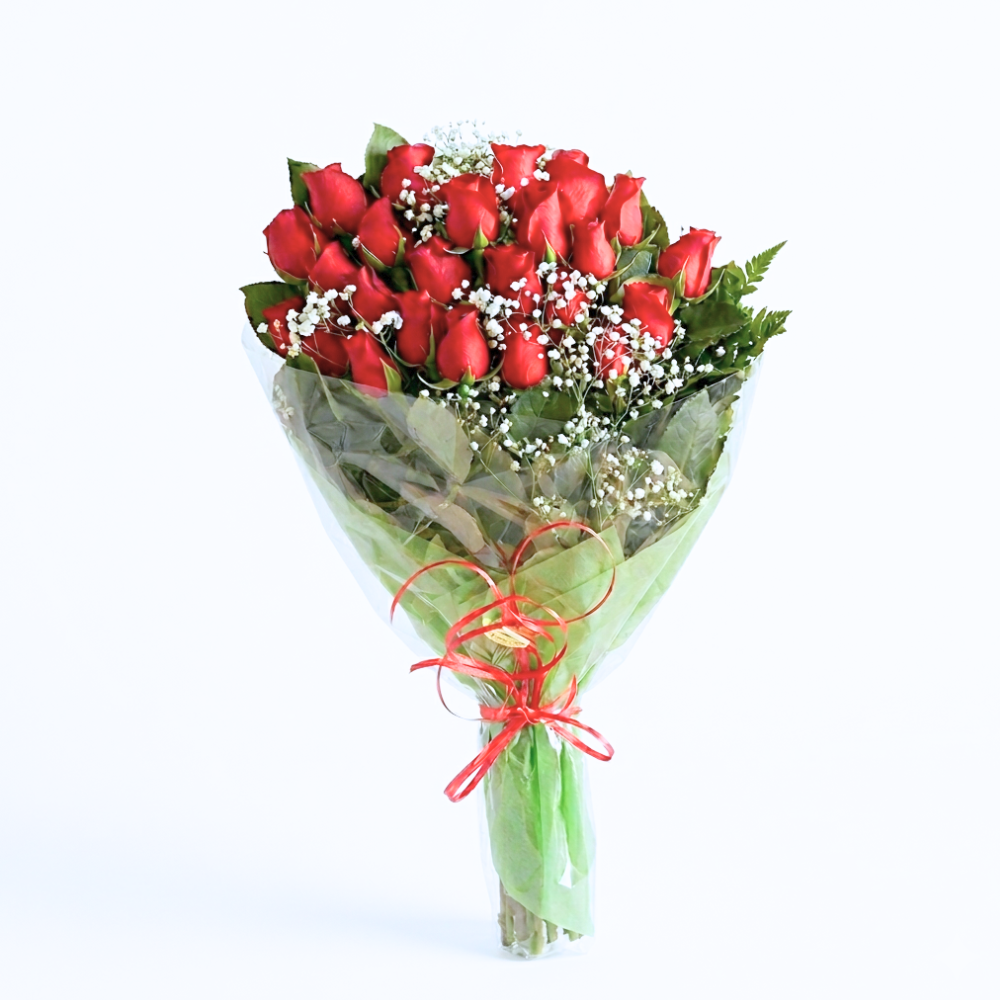 Two Dozen Red Roses Wrapped with Babies Breaths & Greens