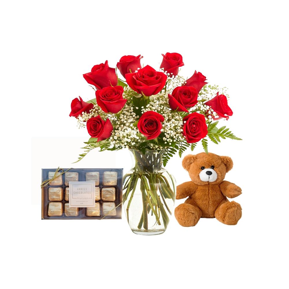 One Dozen Red Roses with Stuffy & Chocolates Combo