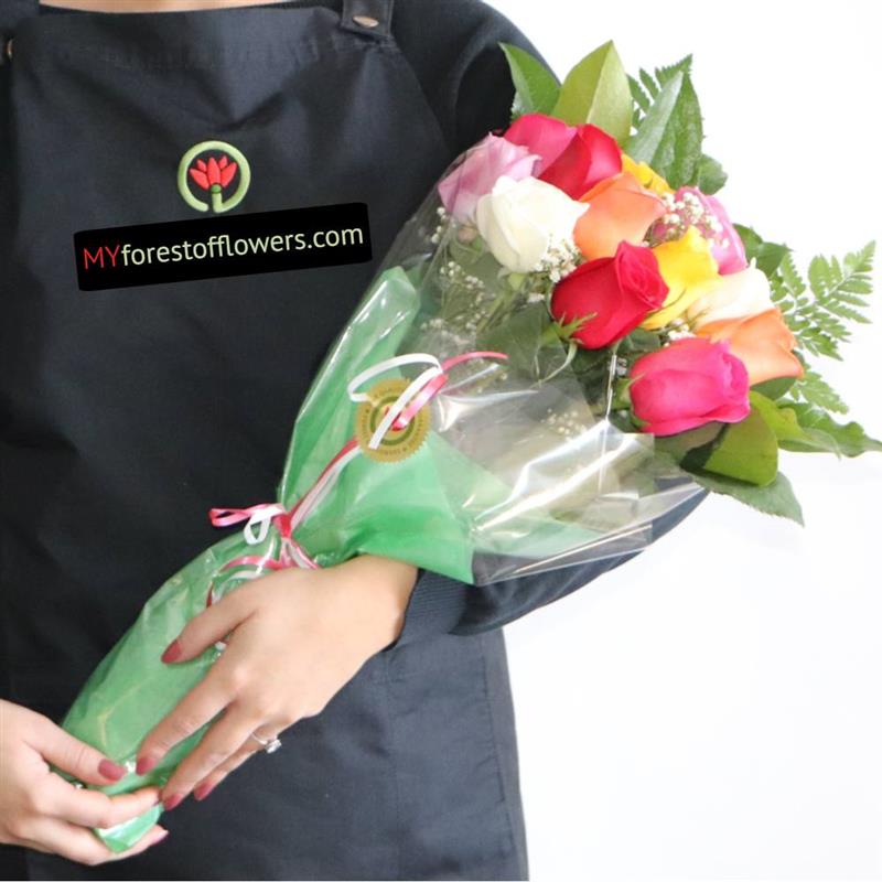 One Dozen Mixed Coloured Roses Wrapped-Standard