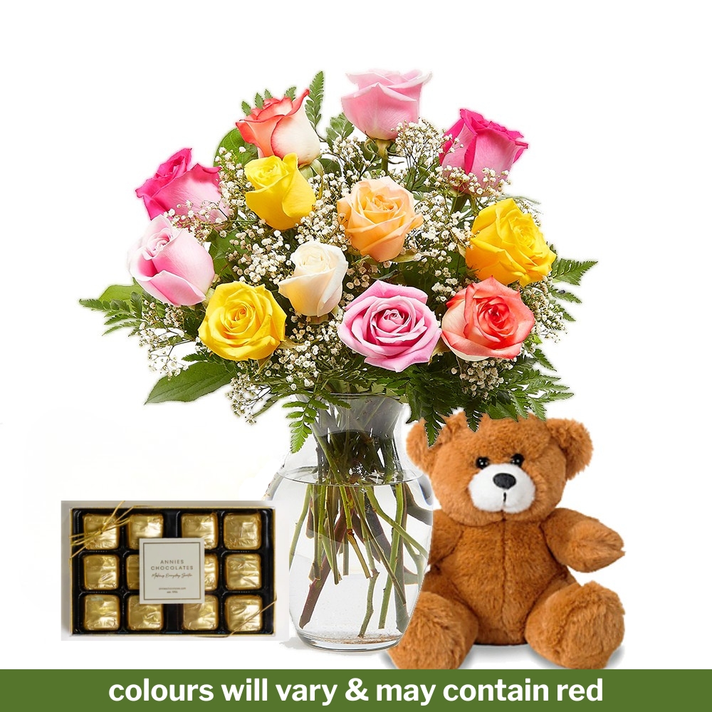 Timeless Combo - One Dozen Coloured Roses Arranged with Stuffy & Chocolates
